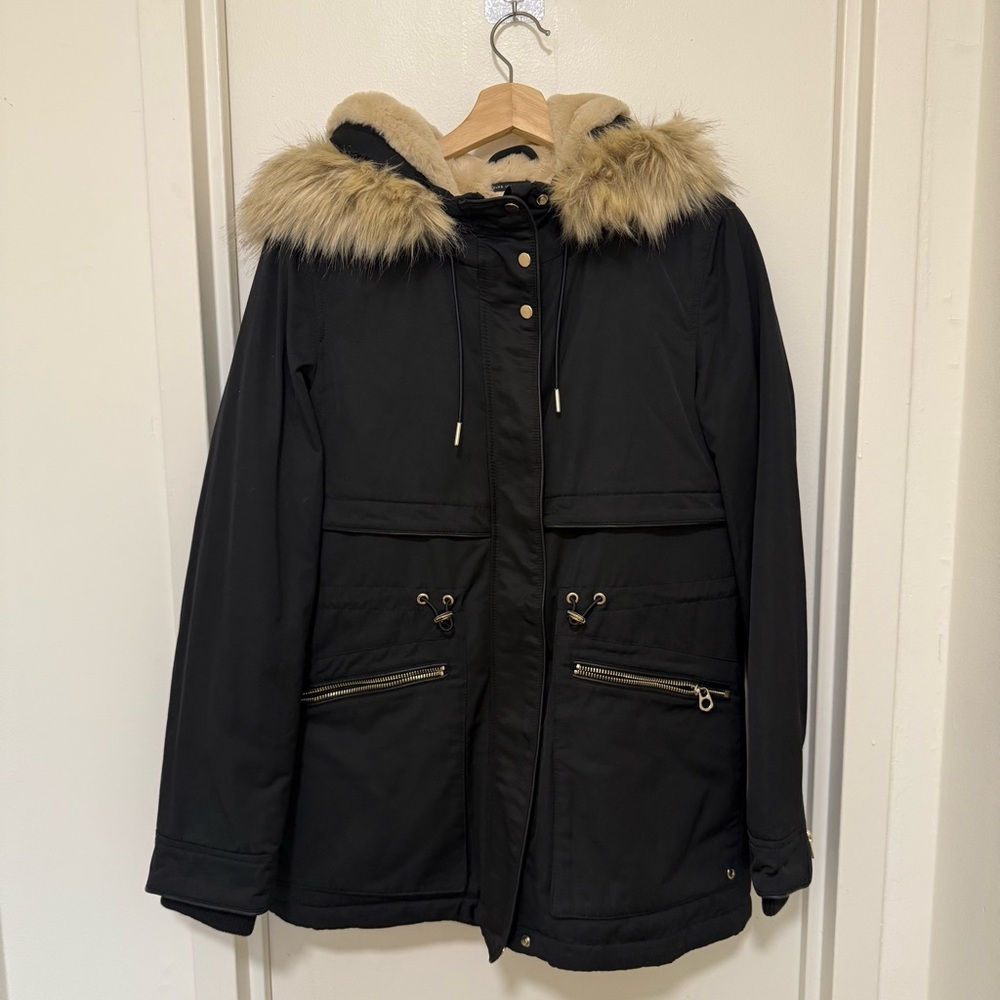 Zara Black warm parker with Tan Faux Fur Hood